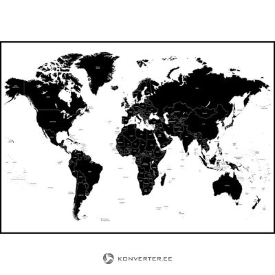 Musta raamiga seinapilt worldmap white (malerifabrikken) 70x50