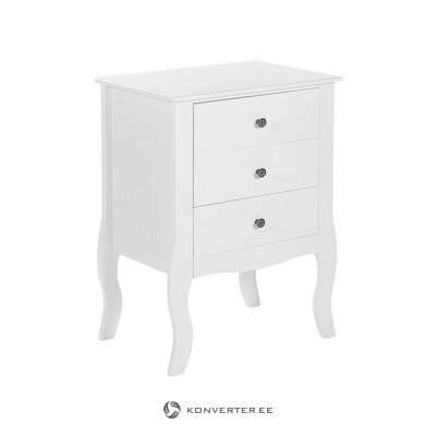 A white nightstand with three drawers is intact