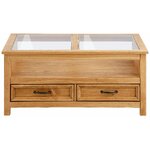 Bright solid wood coffee table with glass and 2 drawers with cosmetic flaws.