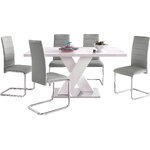 Baltas blizgus valgomojo stalas (160x90) + 4 pilkos minkštos kėdės (adora)