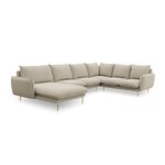 Kampinė sofa (Viena) kosmopolitiško dizaino smėlio spalvos, struktūrinio audinio, aukso metalo, geriau