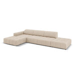 Aksominė sofa (luc) smėlio spalvos, aksominė, juoda plastikinė, kairėje