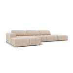 Aksominė sofa (luc) smėlio spalvos, aksominė, juoda plastikinė, kairėje