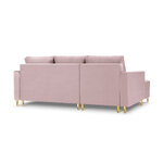 Kampinė sofa-lova (cartadera) mazzini sofos levandų, aksomo, aukso metalo, kairėje