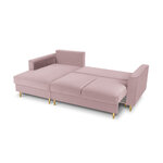 Kampinė sofa-lova (cartadera) mazzini sofos levandų, aksomo, aukso metalo, kairėje