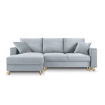 Kampinė sofa-lova (cartadera) mazzini sofos šviesiai mėlyna, aksominė, auksinė metalinė, kairė