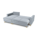 Kampinė sofa-lova (cartadera) mazzini sofos šviesiai mėlyna, aksominė, auksinė metalinė, kairė