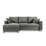 Kampinė sofa-lova (cartadera) mazzini sofos šviesiai pilka, aksominė, juoda chromo metalinė, kairė