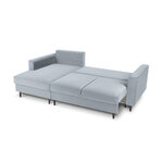 Kampinė sofa-lova (cartadera) mazzini sofos šviesiai mėlyna, aksominė, juoda chromo metalinė, kairė