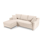 Kampinė sofa-lova (rožinė) mazzini sofos smėlio spalvos, aksomo, natūralaus buko medienos, kairėje