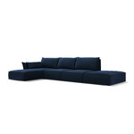 Kampinė sofa &#39;vanda&#39; giliai mėlyna, aksominė, juoda plastikinė, kairė