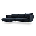 Kampinė sofa agatas, 4-vietė (micadon home) tamsiai mėlyna, aksominė, aukso metalo, kairėje