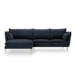 Kampinė sofa agatas, 4-vietė (micadon home) tamsiai mėlyna, aksominė, aukso metalo, kairėje