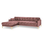 Mamaia kampinė sofa, 5-vietė (micadoni home) rožinė, aksominė, auksinė metalinė, kairėje