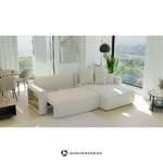 Žalia L formos sofa-lova su lentyna (napoli L) komfortas