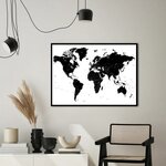Musta raamiga seinapilt worldmap white (malerifabrikken) 70x50